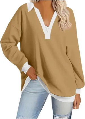 Fall Sweatshirts For Women Casual Long Sleeve Collared v Neck Sweatshirt Shirts Loose Pullover Tops Trendy 2024