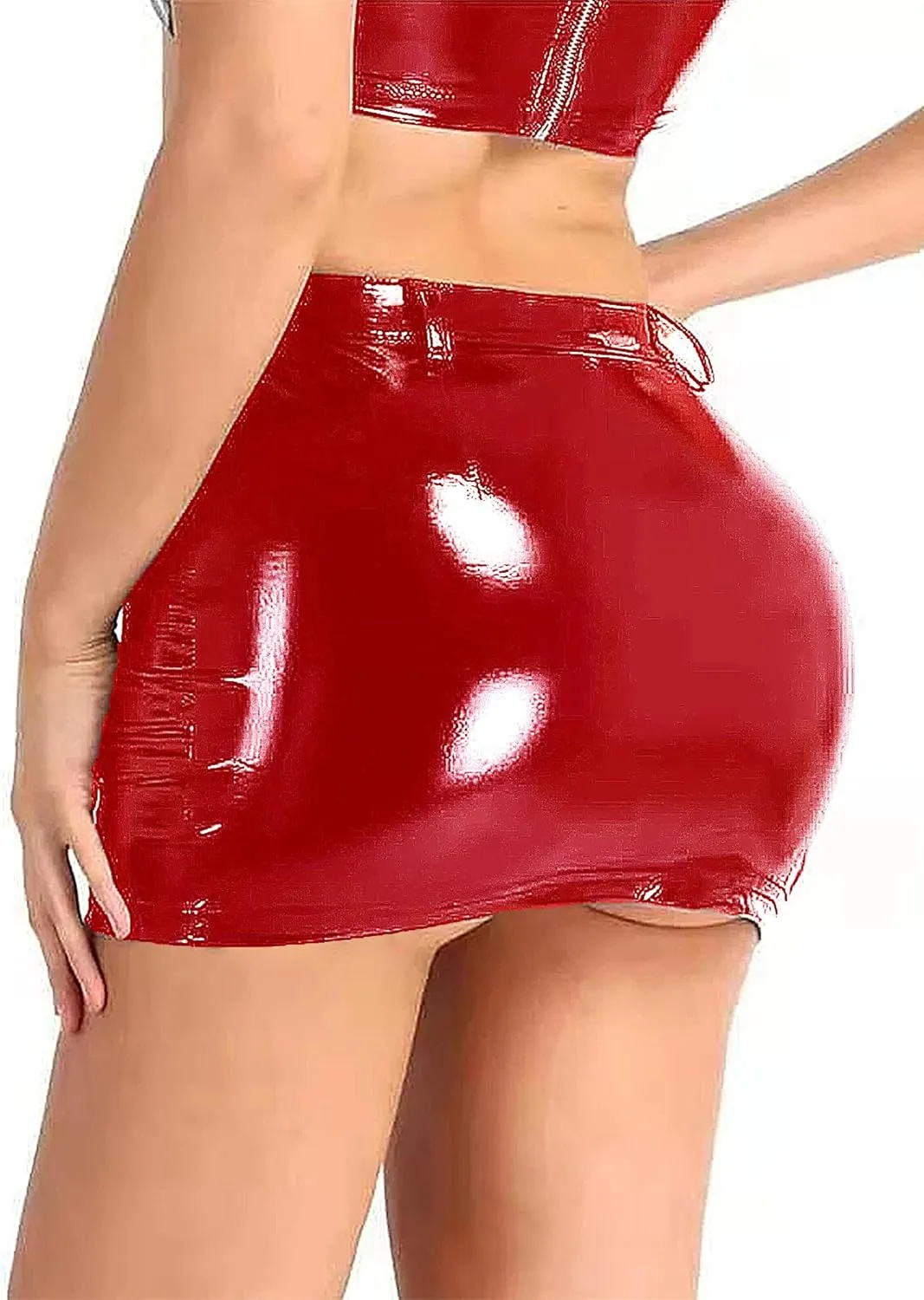 FEOYA Women Mini Leather Skirts Metallic Club Party Bodycon Skirt