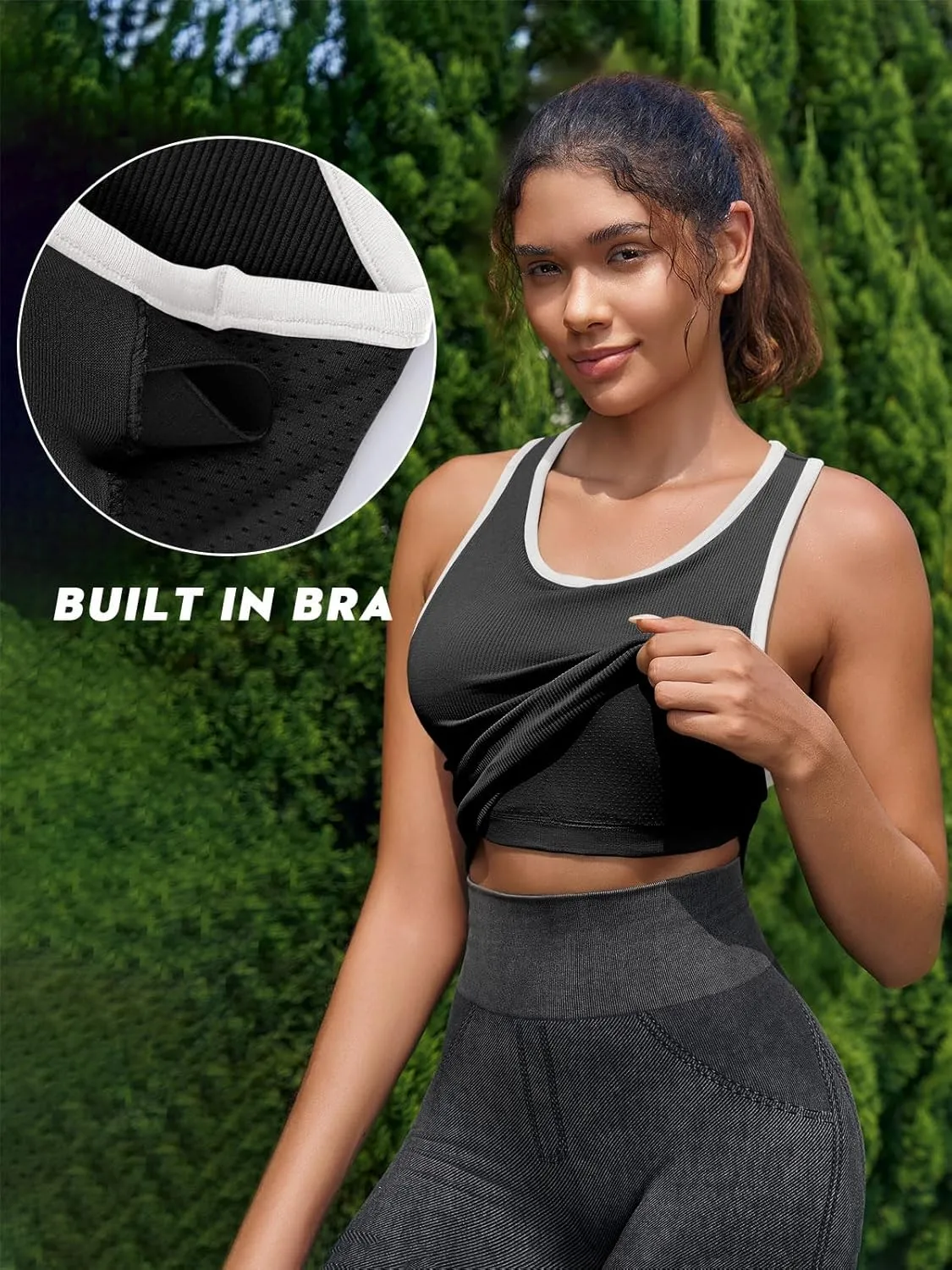 Fisoew Womens Workout Racerback Tank Tops Sleeveless Crewneck Ribbed Crop Tops with Built in Bra Yoga Shirts