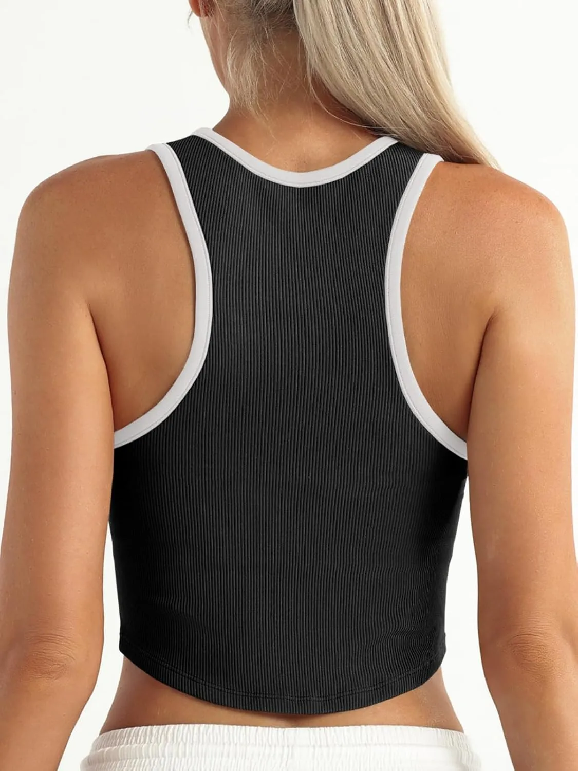 Fisoew Womens Workout Racerback Tank Tops Sleeveless Crewneck Ribbed Crop Tops with Built in Bra Yoga Shirts