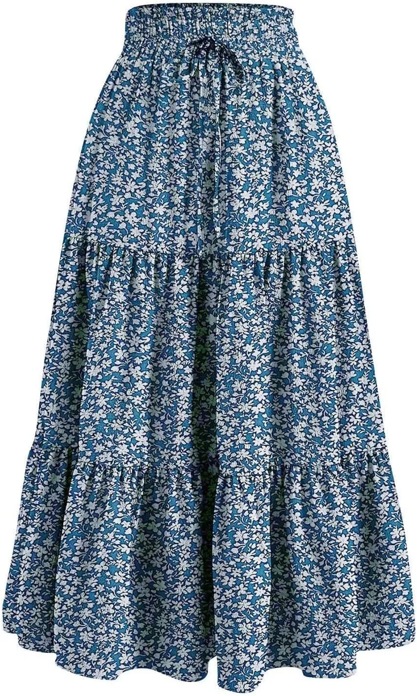 Floral Maxi Skirt for Women Comfy Tiered Elastic High Waisted Skirts Vacation A-Line Flowy Swing Long Boho Beach Dress