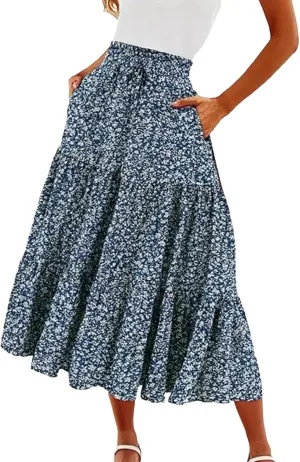 Floral Maxi Skirt for Women Comfy Tiered Elastic High Waisted Skirts Vacation A-Line Flowy Swing Long Boho Beach Dress