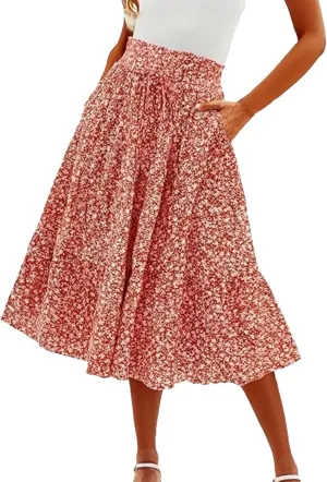 Floral Maxi Skirt for Women Comfy Tiered Elastic High Waisted Skirts Vacation A-Line Flowy Swing Long Boho Beach Dress