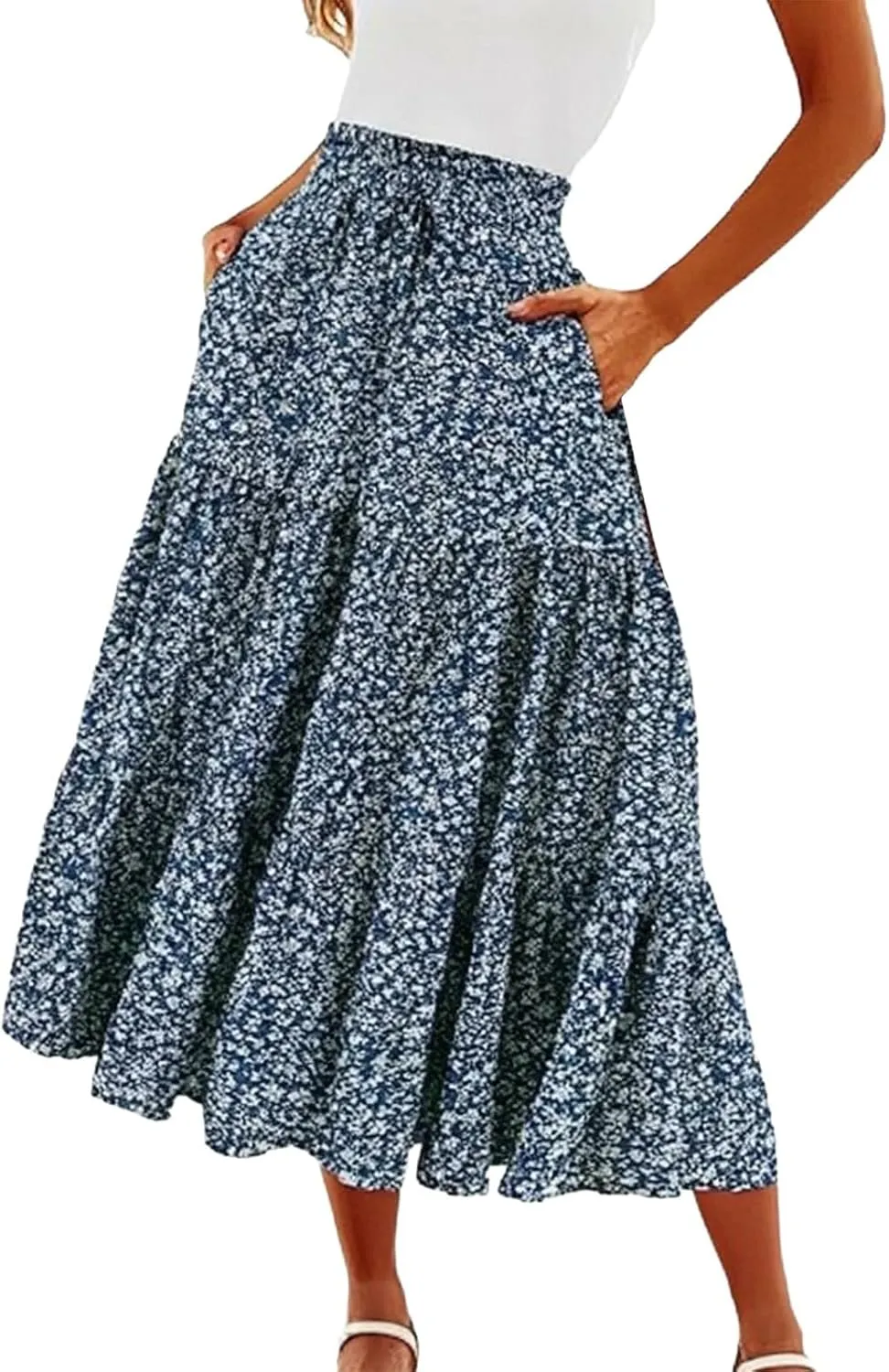 Floral Maxi Skirt for Women Comfy Tiered Elastic High Waisted Skirts Vacation A-Line Flowy Swing Long Boho Beach Dress