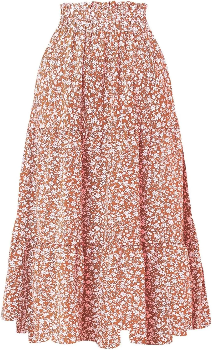 Floral Maxi Skirt for Women Comfy Tiered Elastic High Waisted Skirts Vacation A-Line Flowy Swing Long Boho Beach Dress