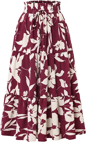 Floral Maxi Skirt for Women Summer Elastic High Waisted Skirts Vacation A-Line Tiered Flowy Swing Long Skirts