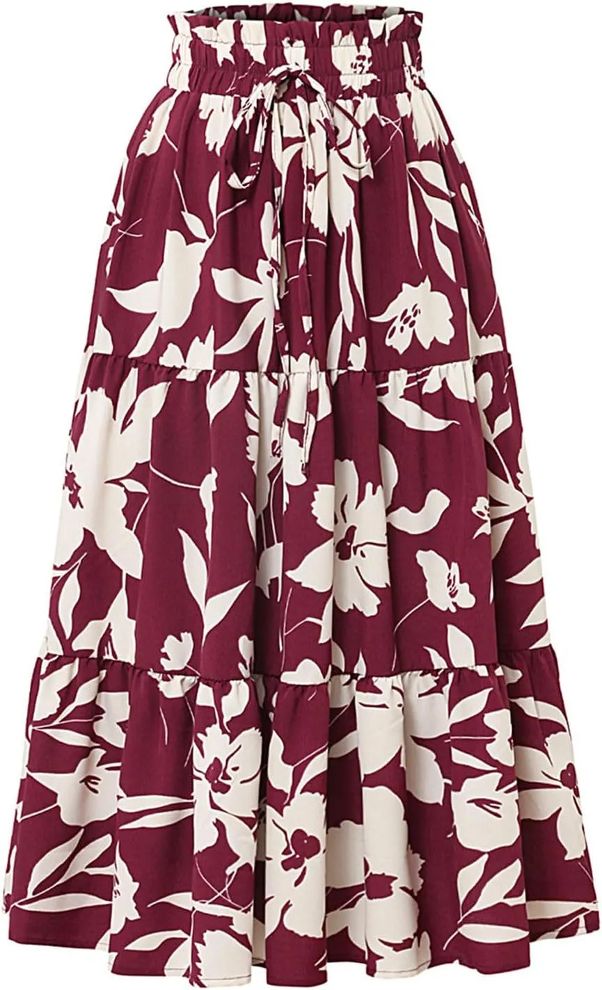 Floral Maxi Skirt for Women Summer Elastic High Waisted Skirts Vacation A-Line Tiered Flowy Swing Long Skirts