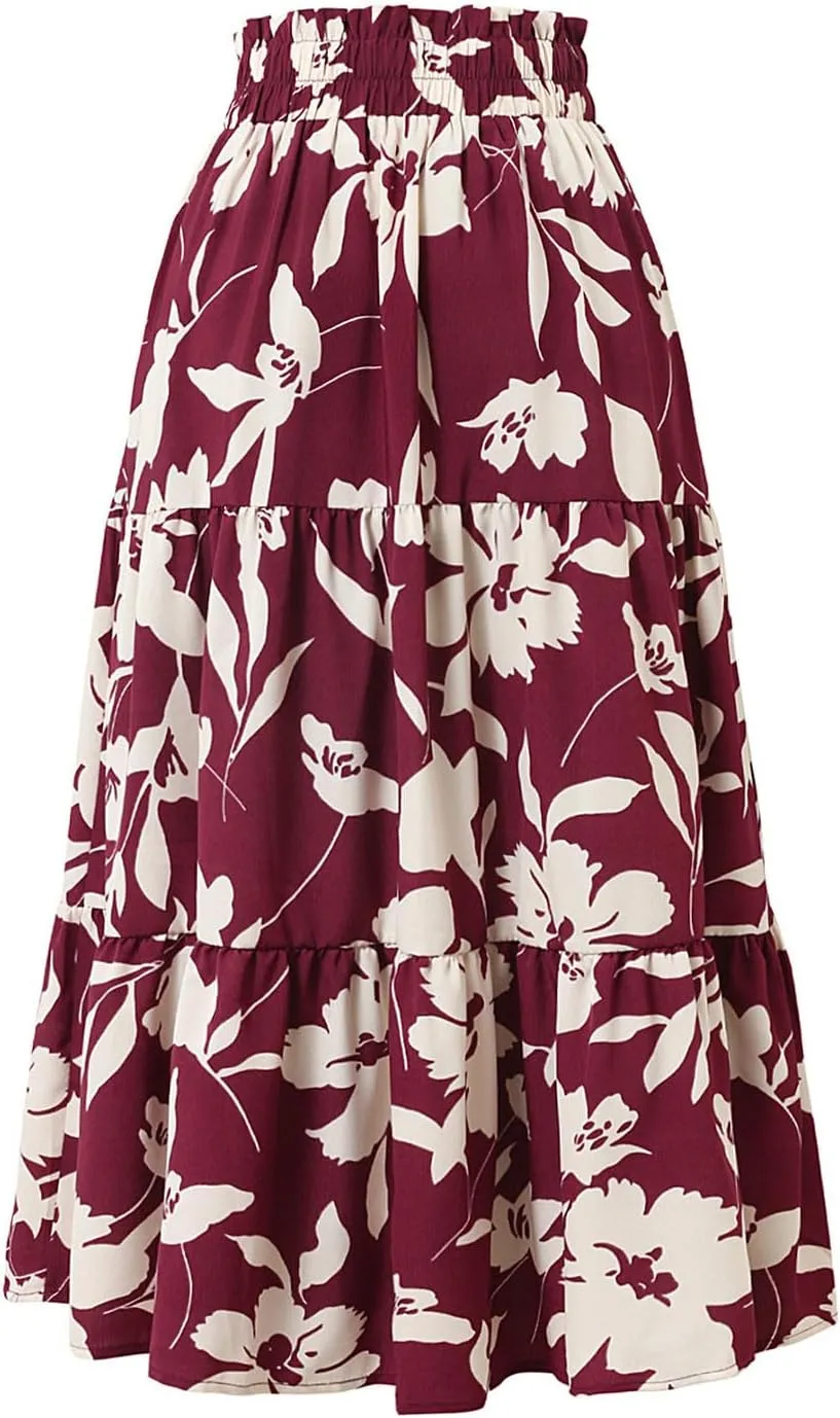 Floral Maxi Skirt for Women Summer Elastic High Waisted Skirts Vacation A-Line Tiered Flowy Swing Long Skirts