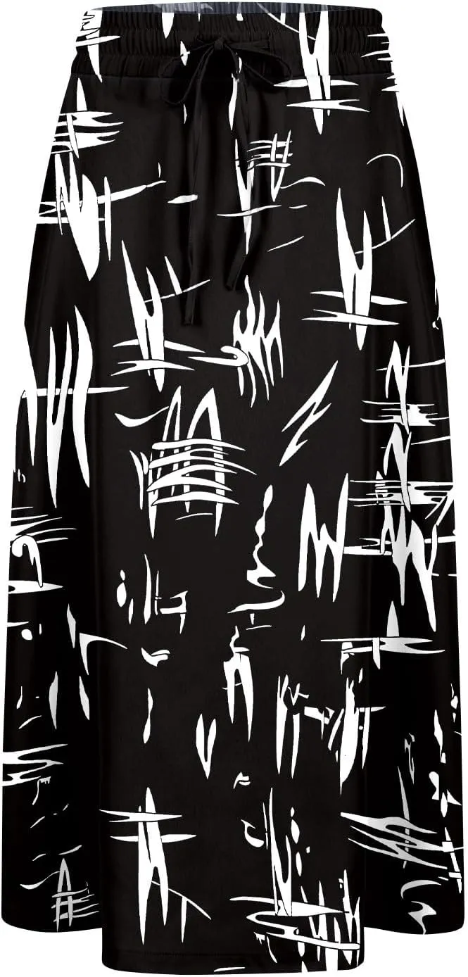 Floral Midi Skirt for Women Casual Drawstring Waist A-Line Skirts with Pockets Flowy Vintage Pleated Midi Skirts