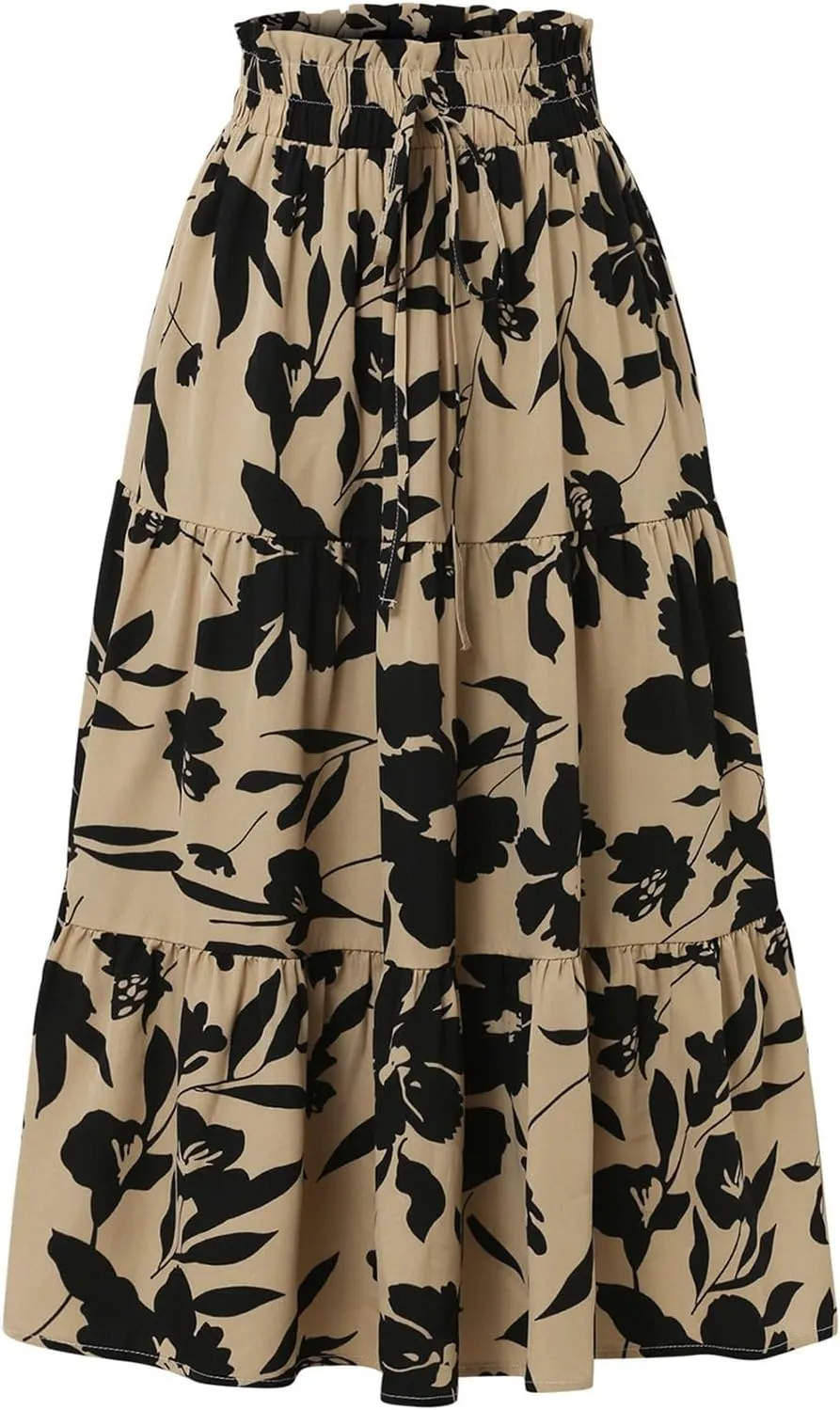 Floral Pleated Skirts for Women Drawstring High Waist Boho Maxi Skirts Summer Flowy Tiered Pleated Beach A Line Skirt