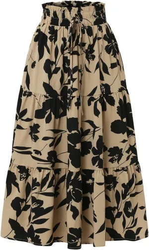 Floral Pleated Skirts for Women Drawstring High Waist Boho Maxi Skirts Summer Flowy Tiered Pleated Beach A Line Skirt