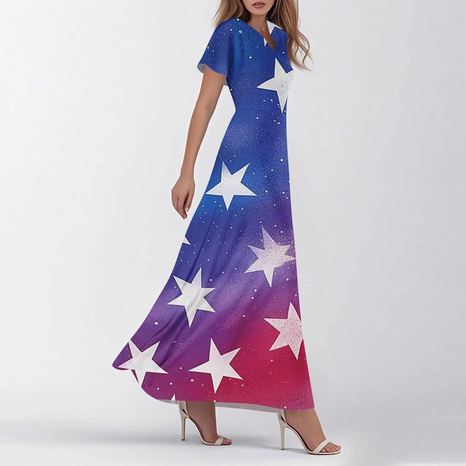 Forth of July Dress for Women Flowy Chiffon Ruffle Cruise Stars and Stripes Floral Summer Sun Dresses V Neck Vacation Outfits