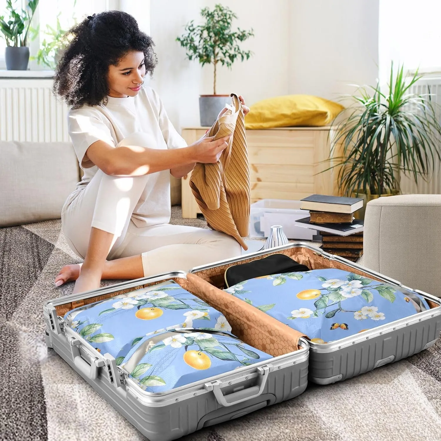 Garment Bag Closet Storage, Luggage Space Saver, Sweet Fruit Blue, Waterproof, 3 Set Travel Packing Cubes For Suitcases,Organizadores De Maletas Para