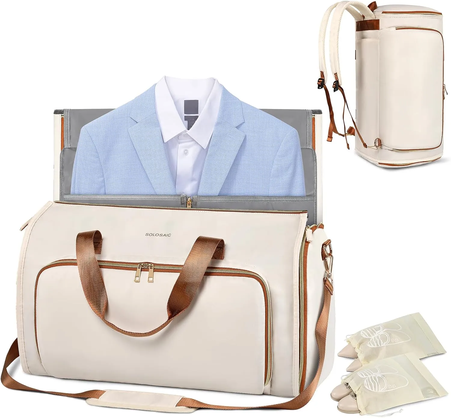 Garment Bags for Travel, Convertible Garment Bag with Detachable Hanging Suit Bag, Carry on Travel Duffel Bag with Shoulder Strap and Shoes Cover, 3 in 1 Hanging Suit Bags for Women/Men, White Brown