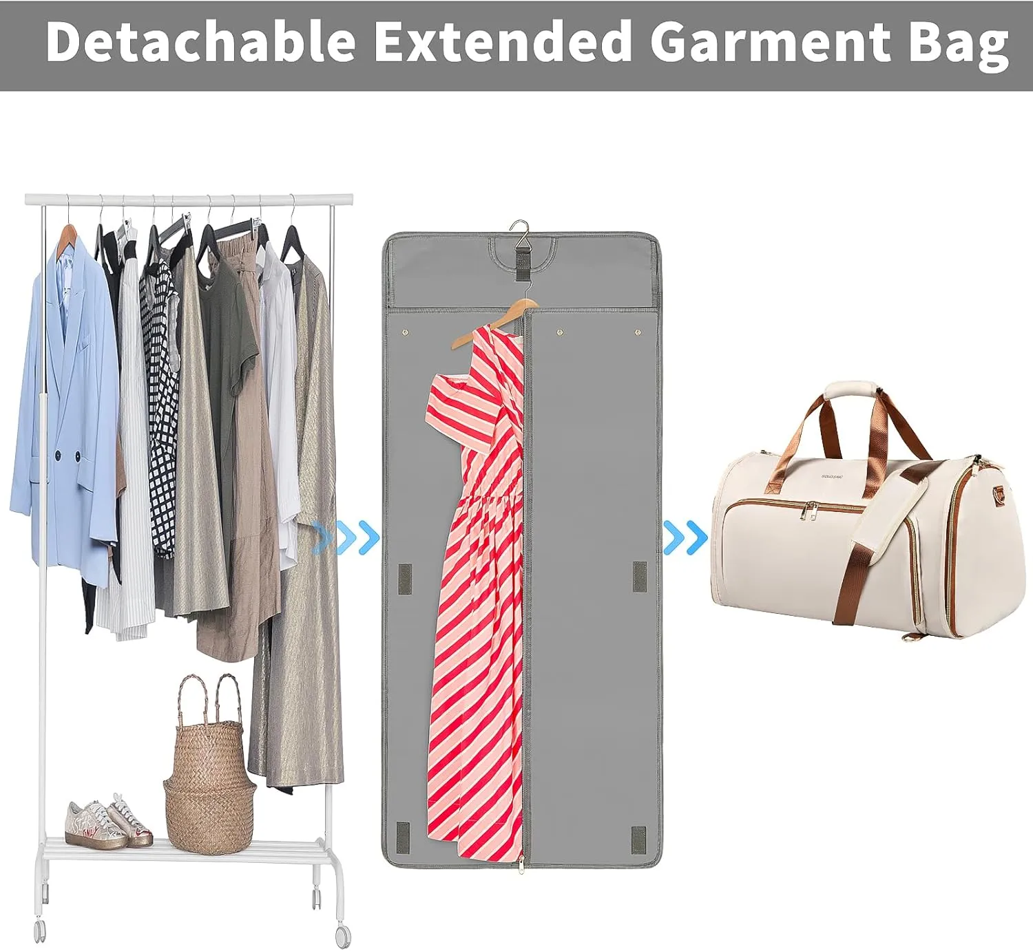 Garment Bags for Travel, Convertible Garment Bag with Detachable Hanging Suit Bag, Carry on Travel Duffel Bag with Shoulder Strap and Shoes Cover, 3 in 1 Hanging Suit Bags for Women/Men, White Brown