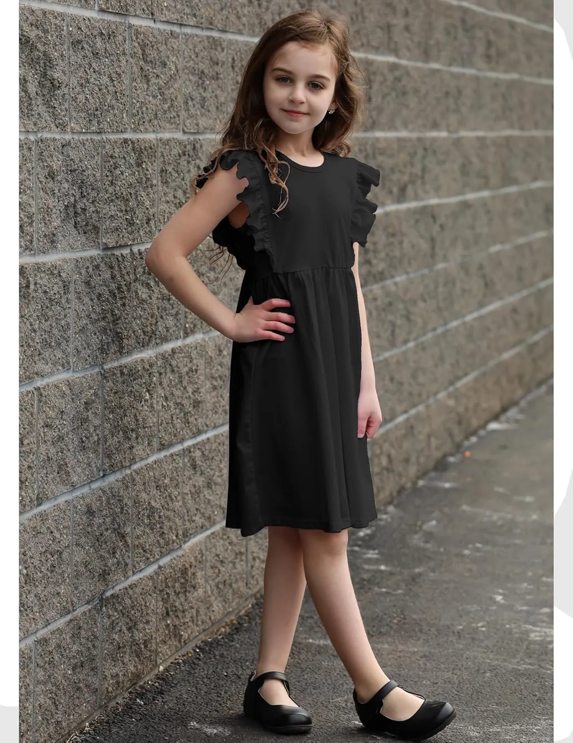 Girls Dress Tie Back Flared Sleeve Ruffle Hem A-Line Sundress Casual Midi Dresses 4-12 Years