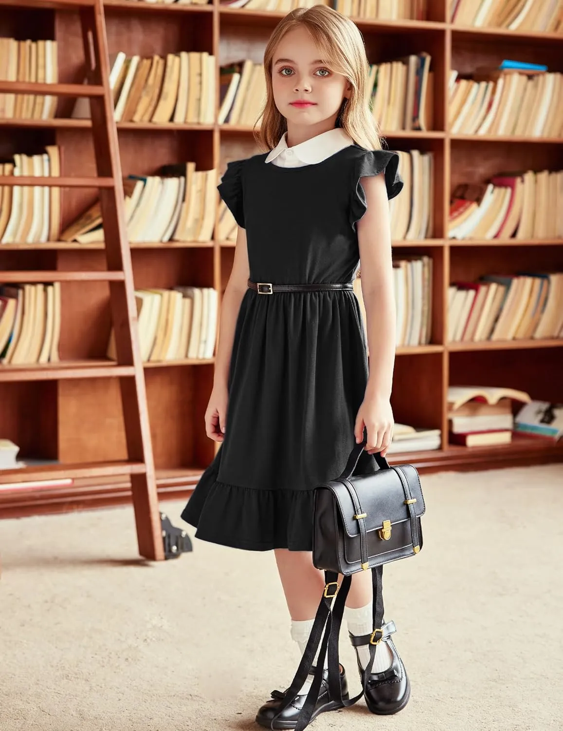 Girls Dress Tie Back Flared Sleeve Ruffle Hem A-Line Sundress Casual Midi Dresses 4-12 Years