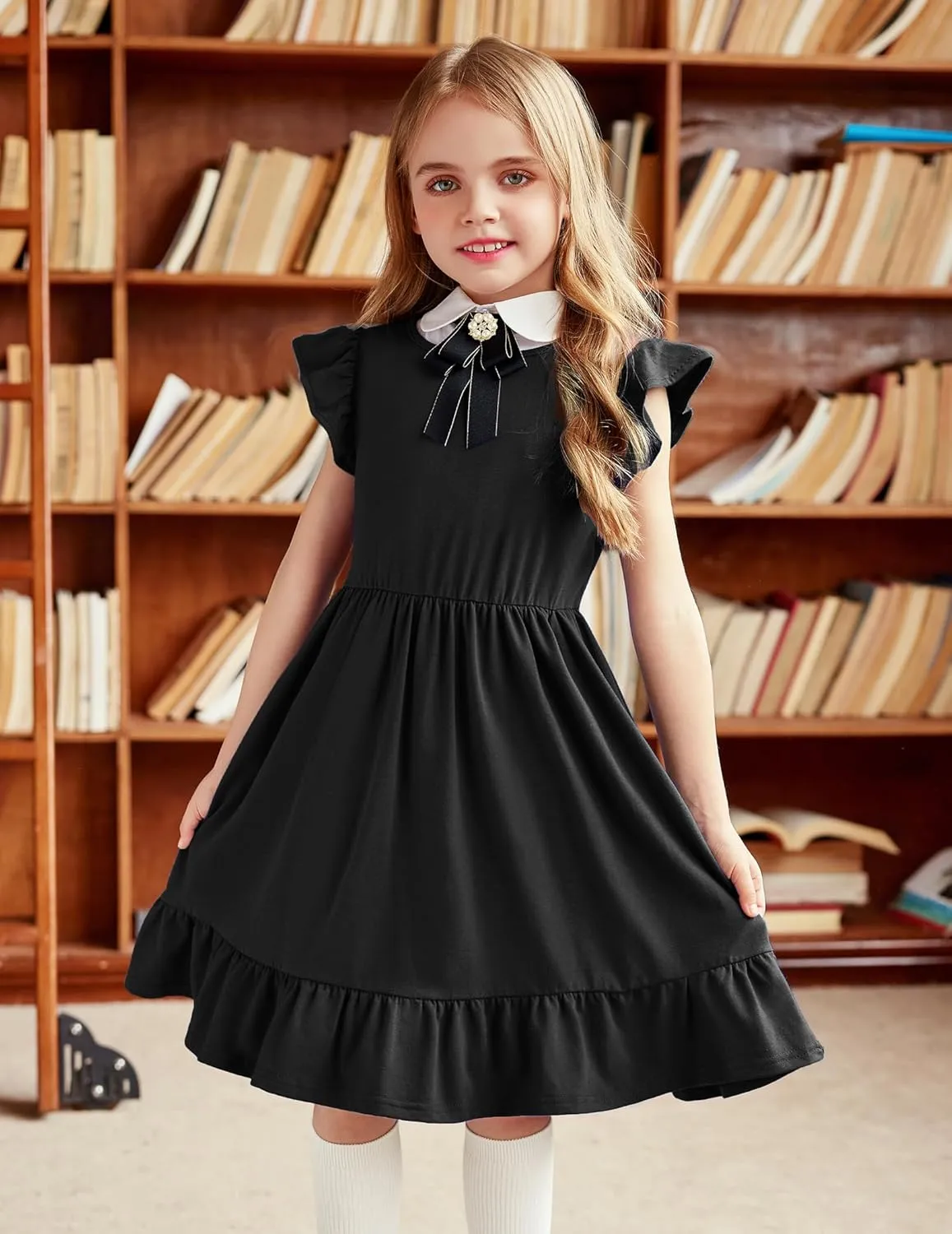 Girls Dress Tie Back Flared Sleeve Ruffle Hem A-Line Sundress Casual Midi Dresses 4-12 Years