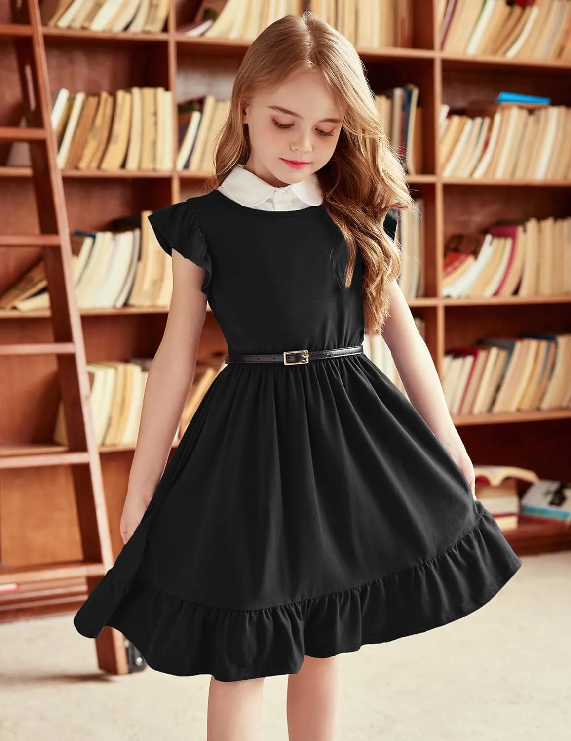 Girls Dress Tie Back Flared Sleeve Ruffle Hem A-Line Sundress Casual Midi Dresses 4-12 Years