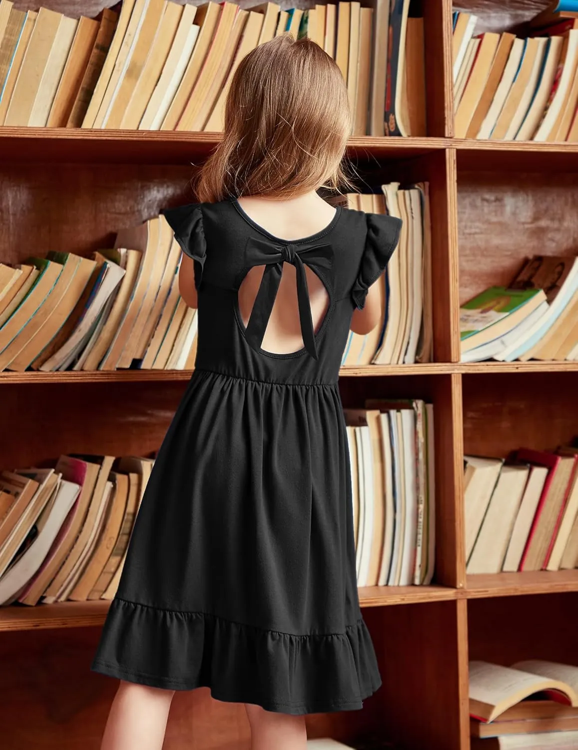Girls Dress Tie Back Flared Sleeve Ruffle Hem A-Line Sundress Casual Midi Dresses 4-12 Years