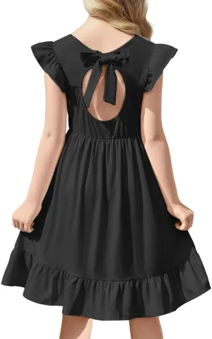 Girls Dress Tie Back Flared Sleeve Ruffle Hem A-Line Sundress Casual Midi Dresses 4-12 Years