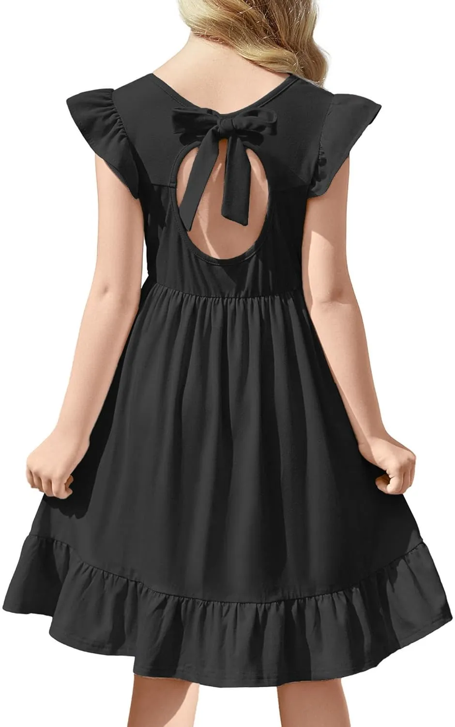 Girls Dress Tie Back Flared Sleeve Ruffle Hem A-Line Sundress Casual Midi Dresses 4-12 Years