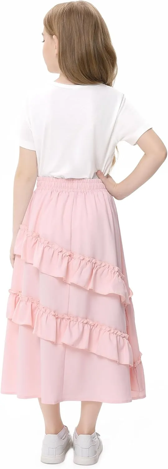 Girls High Waisted Ruffle Maxi Skirt Soft Cotton Long Skirts with Elastic Waistband for Kid Girl 3-12 Years