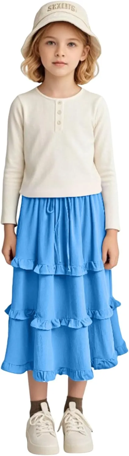Girls High Waisted Ruffle Maxi Skirt Soft Cotton Long Skirts with Elastic Waistband for Kid Girl 3-12 Years