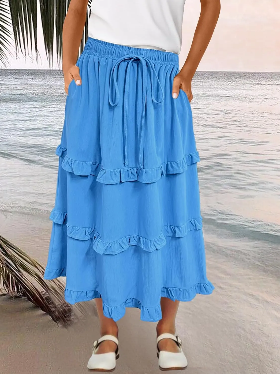 Girls High Waisted Ruffle Maxi Skirt Soft Cotton Long Skirts with Elastic Waistband for Kid Girl 3-12 Years