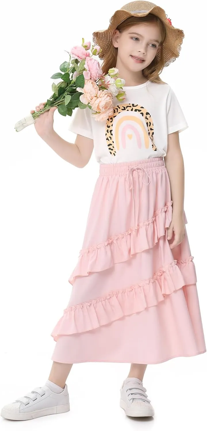 Girls High Waisted Ruffle Maxi Skirt Soft Cotton Long Skirts with Elastic Waistband for Kid Girl 3-12 Years