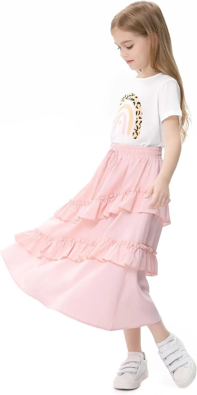 Girls High Waisted Ruffle Maxi Skirt Soft Cotton Long Skirts with Elastic Waistband for Kid Girl 3-12 Years