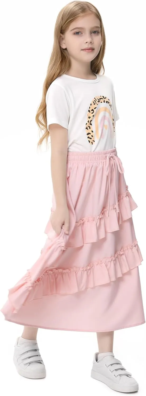 Girls High Waisted Ruffle Maxi Skirt Soft Cotton Long Skirts with Elastic Waistband for Kid Girl 3-12 Years