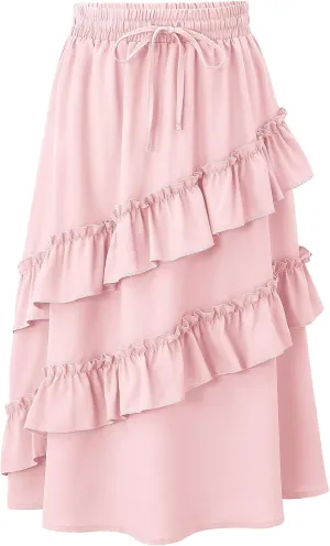 Girls High Waisted Ruffle Maxi Skirt Soft Cotton Long Skirts with Elastic Waistband for Kid Girl 3-12 Years