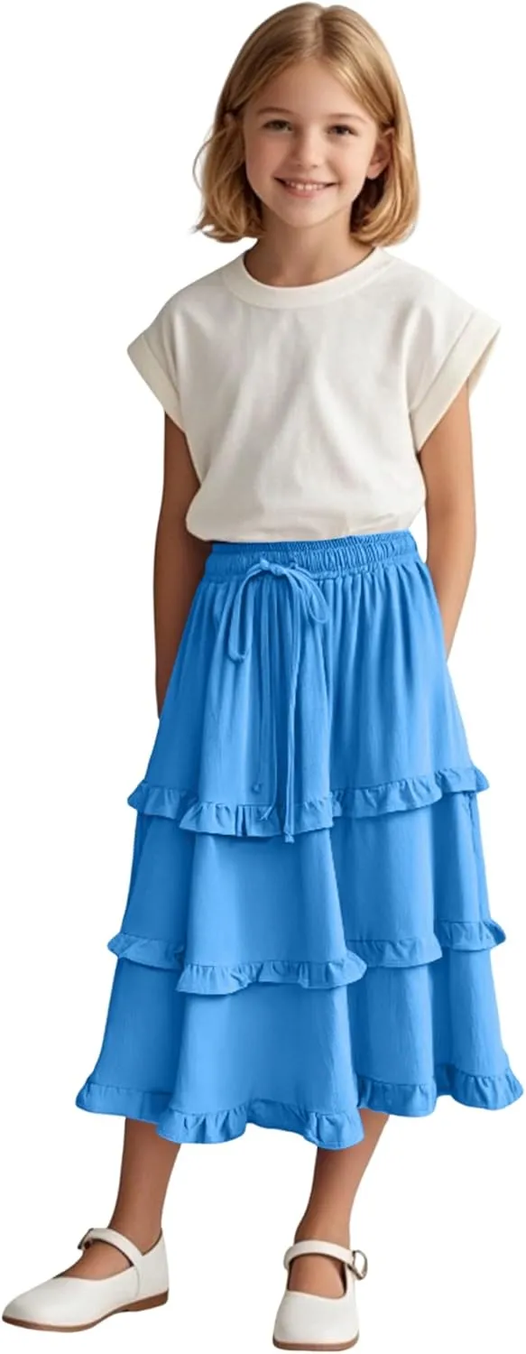 Girls High Waisted Ruffle Maxi Skirt Soft Cotton Long Skirts with Elastic Waistband for Kid Girl 3-12 Years