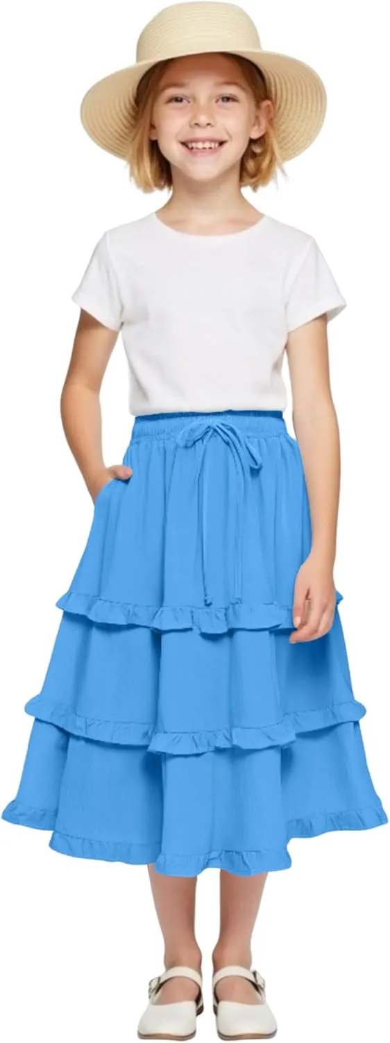 Girls High Waisted Ruffle Maxi Skirt Soft Cotton Long Skirts with Elastic Waistband for Kid Girl 3-12 Years