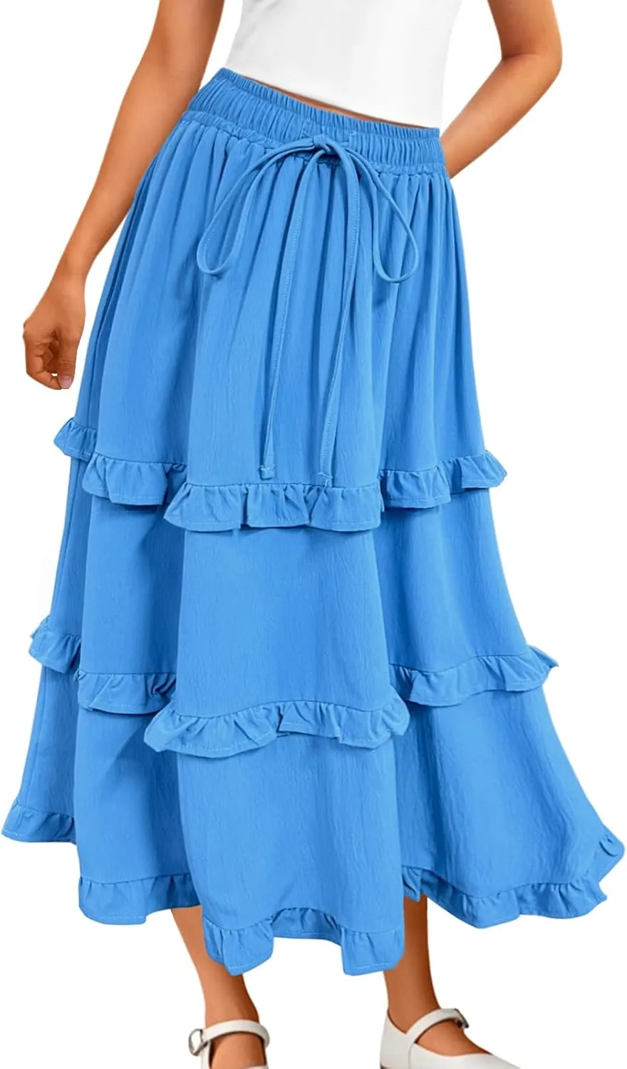 Girls High Waisted Ruffle Maxi Skirt Soft Cotton Long Skirts with Elastic Waistband for Kid Girl 3-12 Years
