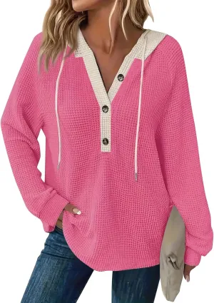 GOFULY Hoodies For Women Trendy Button Henley V-Neck Sweatshirt Waffle Drawstring Hoodie Fall Solid Long Sleeve Pullover