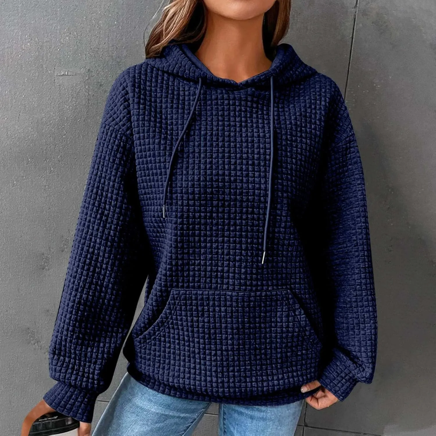 GOFULY Womens Hoodies Pullover Fall Waffle Knit Sweatshirt Winter Long Sleeve Shirts Solid Drawstring Hoodies With Pocket