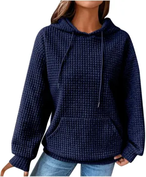 GOFULY Womens Hoodies Pullover Fall Waffle Knit Sweatshirt Winter Long Sleeve Shirts Solid Drawstring Hoodies With Pocket