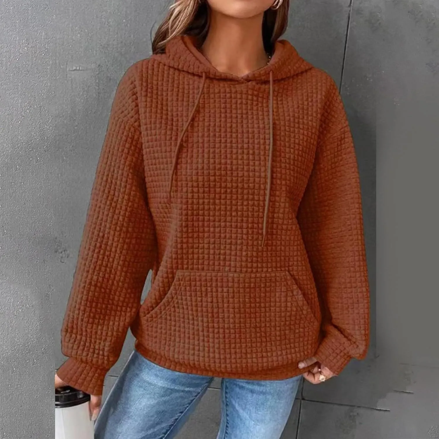 GOFULY Womens Hoodies Pullover Fall Waffle Knit Sweatshirt Winter Long Sleeve Shirts Solid Drawstring Hoodies With Pocket