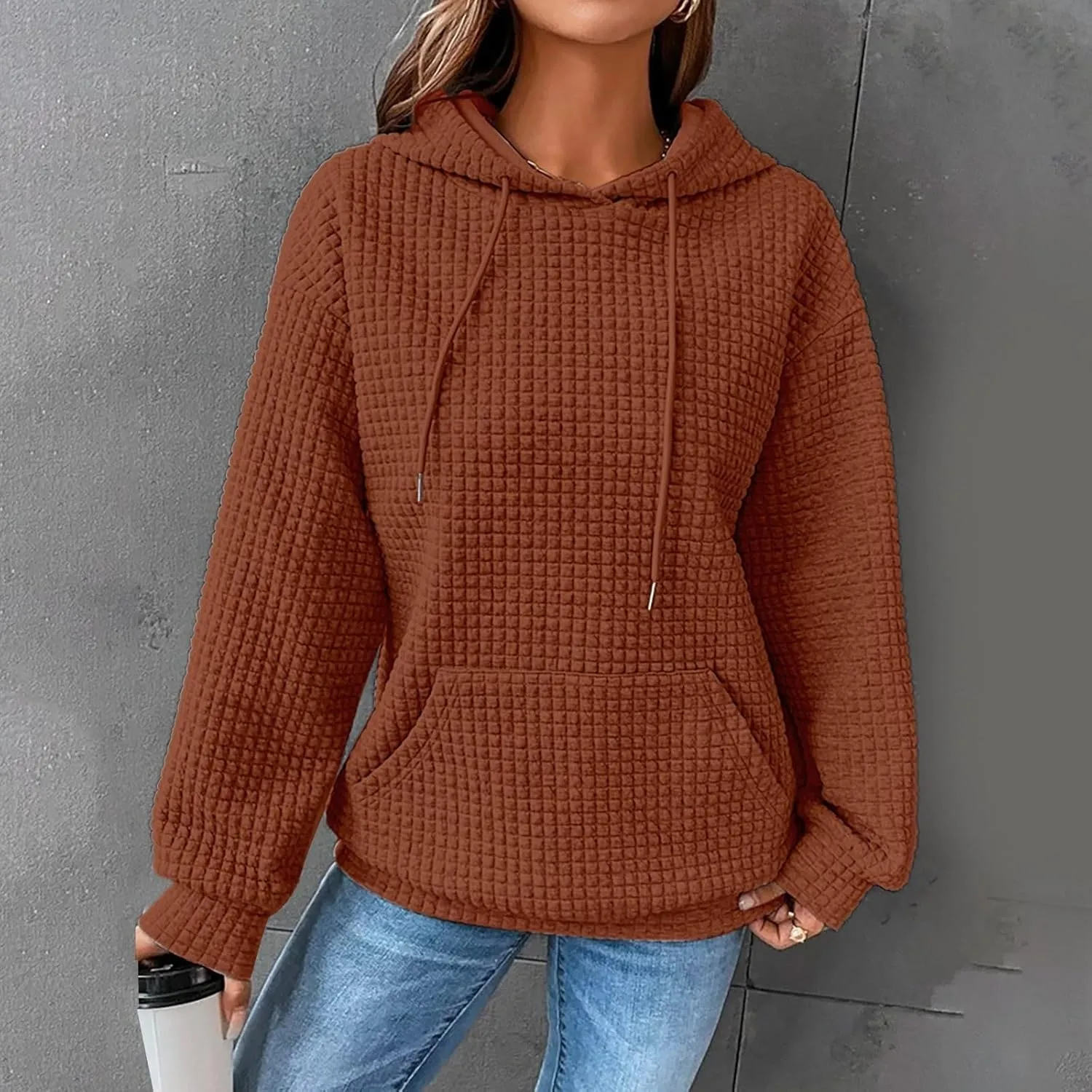 GOFULY Womens Hoodies Pullover Fall Waffle Knit Sweatshirt Winter Long Sleeve Shirts Solid Drawstring Hoodies With Pocket