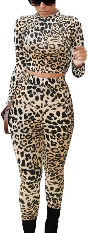GOKATOSAU Women's Sexy 2 Piece Outfits Long Sleeve Crop Top Pants Set Club Jumpsuits