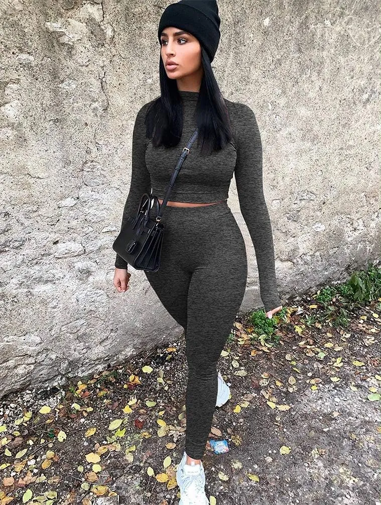 GOKATOSAU Women's Sexy 2 Piece Outfits Long Sleeve Crop Top Pants Set Club Jumpsuits