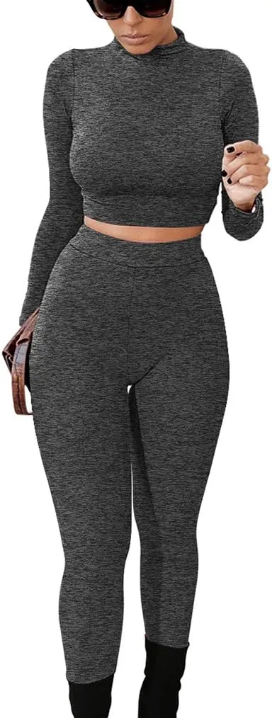 GOKATOSAU Women's Sexy 2 Piece Outfits Long Sleeve Crop Top Pants Set Club Jumpsuits