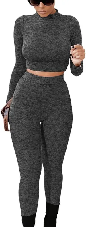 GOKATOSAU Women's Sexy 2 Piece Outfits Long Sleeve Crop Top Pants Set Club Jumpsuits