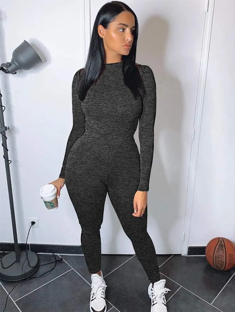 GOKATOSAU Women's Sexy 2 Piece Outfits Long Sleeve Crop Top Pants Set Club Jumpsuits