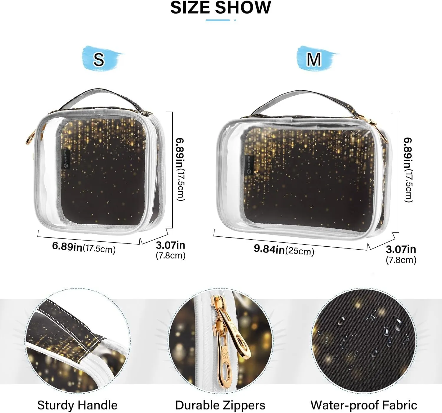 Gold Glitter Lights Clear Makeup Bags TSA Approved Toiletry Bag for Women Men Cosmetic Bags with Zipper Carry On Airport Airline Compliant Bag Quart PVC Travel Bags for Toiletries Cosmetics, 2 Pack