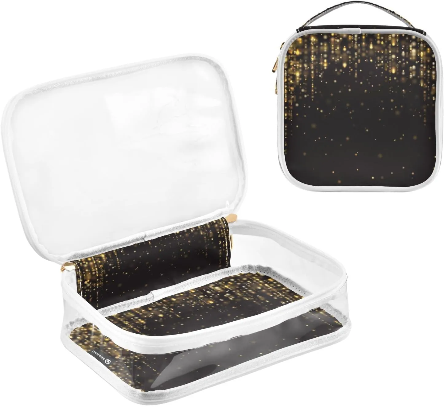 Gold Glitter Lights Clear Makeup Bags TSA Approved Toiletry Bag for Women Men Cosmetic Bags with Zipper Carry On Airport Airline Compliant Bag Quart PVC Travel Bags for Toiletries Cosmetics, 2 Pack