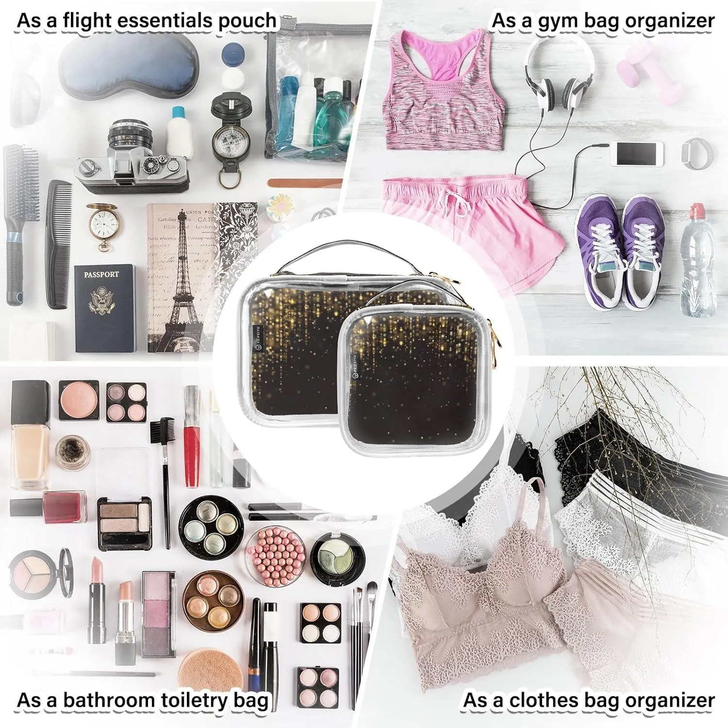 Gold Glitter Lights Clear Makeup Bags TSA Approved Toiletry Bag for Women Men Cosmetic Bags with Zipper Carry On Airport Airline Compliant Bag Quart PVC Travel Bags for Toiletries Cosmetics, 2 Pack