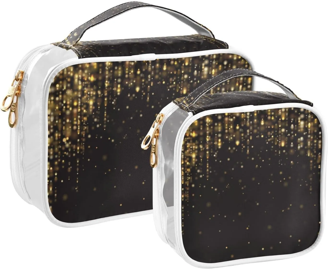 Gold Glitter Lights Clear Makeup Bags TSA Approved Toiletry Bag for Women Men Cosmetic Bags with Zipper Carry On Airport Airline Compliant Bag Quart PVC Travel Bags for Toiletries Cosmetics, 2 Pack